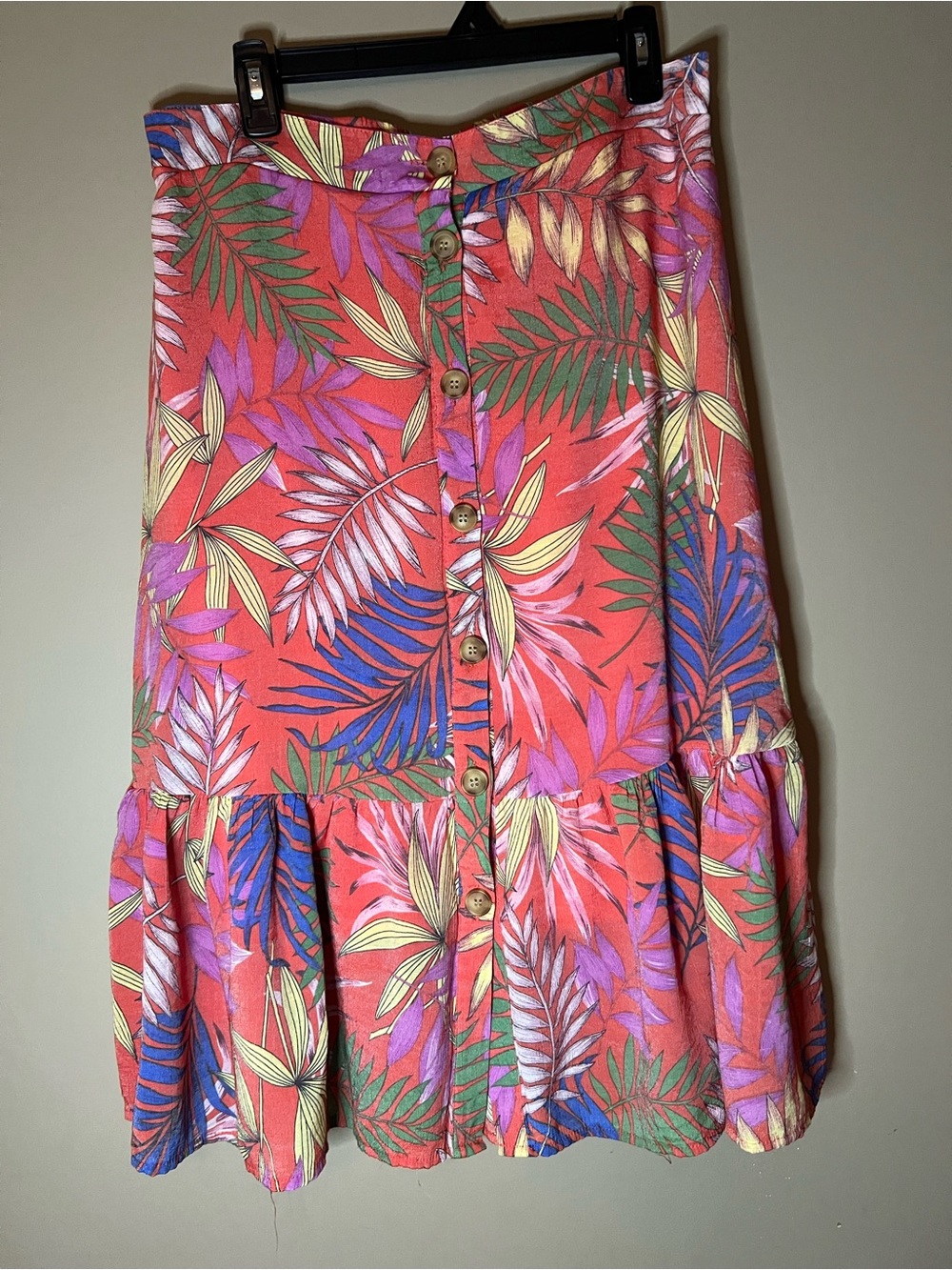 Mlle Gabrielle Coral Tropical Button-Front Midi Skirt with Flounce